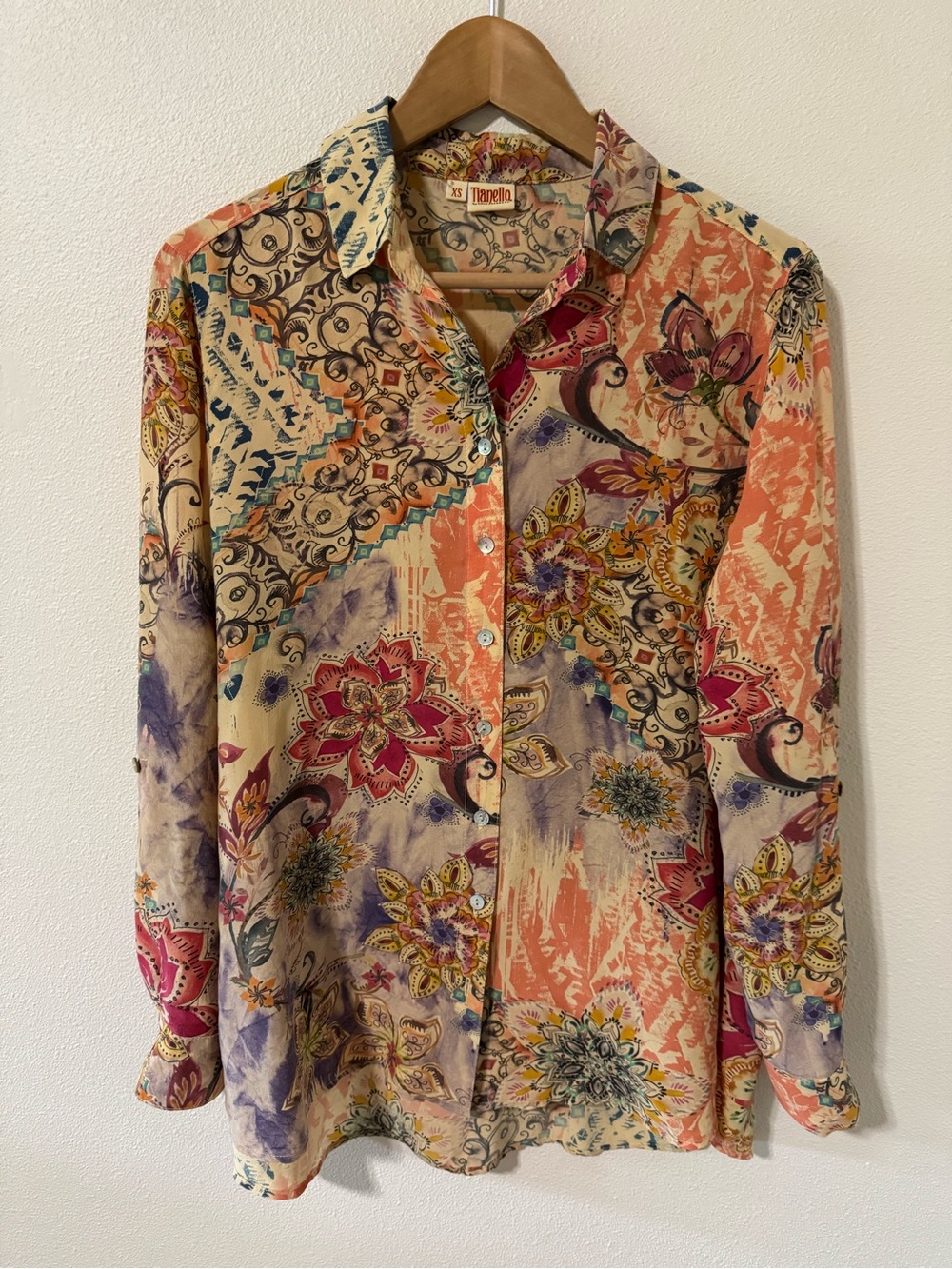 Tianello Silk Long Sleeve Blouse Multicolor Floral Paisley Mother of Pearl-XS